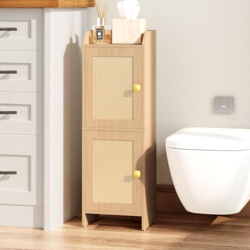 AURINEST Rattan Narrow Bathroom Storage Cabinet, 7.9''D x 9.8''W x 29.5''H, Toilet Paper Storage Cabinet with 2 Doors & Adjustable Shelf, Space-Saving Bathroom Organizer for Small Spaces, Natural Oak by AURINEST - Used condition - Image 3
