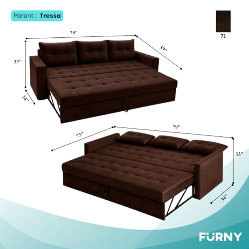 Image of FURNY Tressa 3 Seater Fabric Pull-Out Sofa Cum Bed Function (Dark Brown) | Luxury Velvet Suede Finish | Durable Comfort Sofa Bed for Modern Living Room & Office Spaces