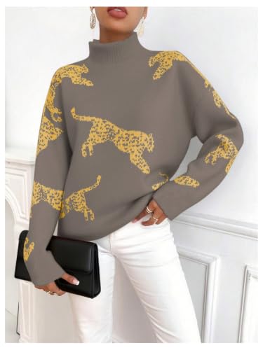 Image of WDIRARA Women's Leopard Tiger Print Sweater High Neck Long Sleeve Fuzzy Knitted Pullover Top