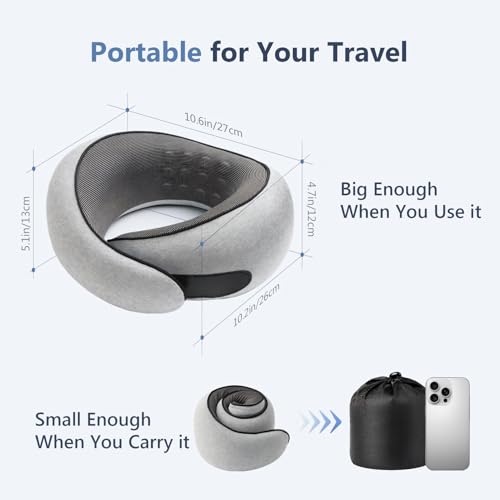 Purroch Neck Pillow Airplane, Travel Pillow with Eye Mask & Earplugs, Memory Foam Pillow with Adjustable Velcro Strap, Pillows for Travel, Plane, Car, Home, Work, Light Grey image 1