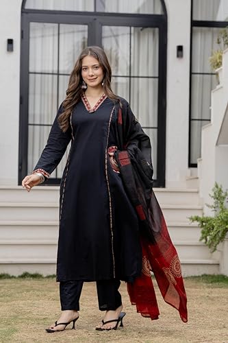 Image of MEERA FAB Women Floral Printed Pure Cotton Straight V-Neck Kurta with Palazzos & Dupatta