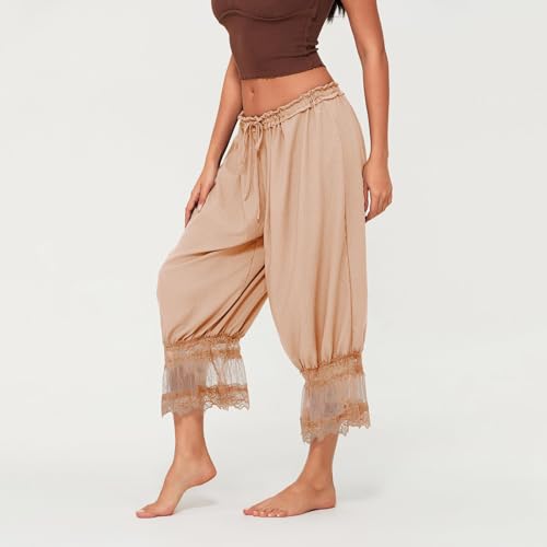 Image of Women Lace Long Bloomers Pants Elastic Waist Y2k Ruffle Pettipants Slip Cute Pantaloons Pumpkin Pants