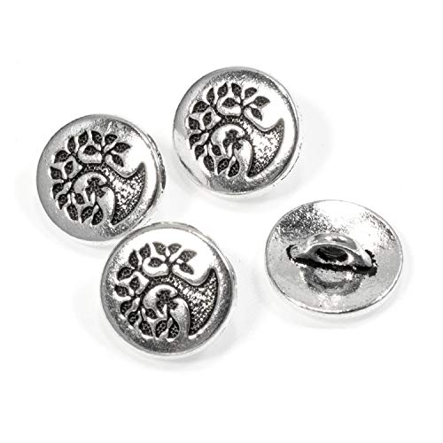 Silver Small Bird in a Tree Button, Shank Back, Leather Clasp 4/Pkg