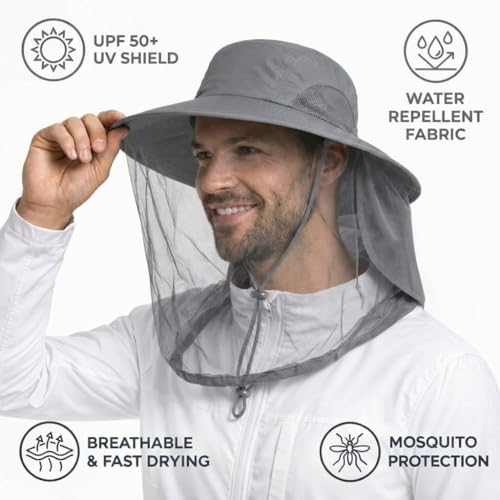 Image of Mosquito Hat with Netting, Mosquito Hats Lightweight Outdoor Fishing Hiking Camping Bug Net for Men & Women, Grey