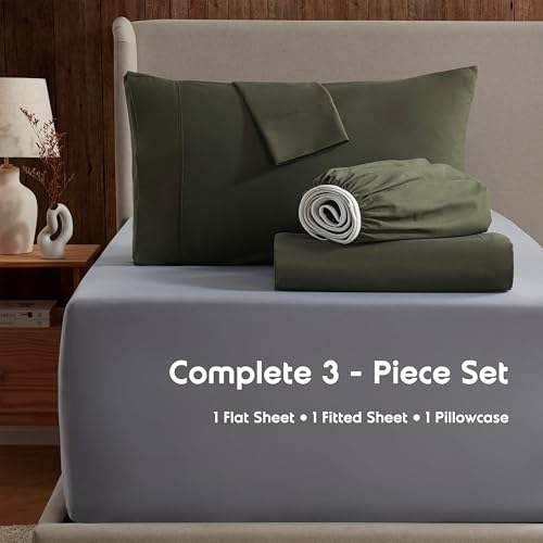 Image of Nestl Twin Bed Sheet Set - Olive Green - 3-Piece Deep Pocket | Instantly Soft, Night-One Ready (No Wash Required). Fits 16-Inch Deep Pockets, 360-Degree Elastic Grip