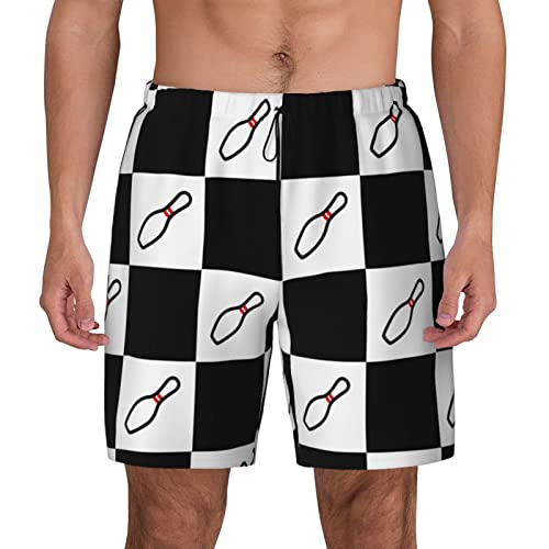 Men's Swim Trunks with Bowling Pin Pattern, Checkered Board Shorts with Liner
