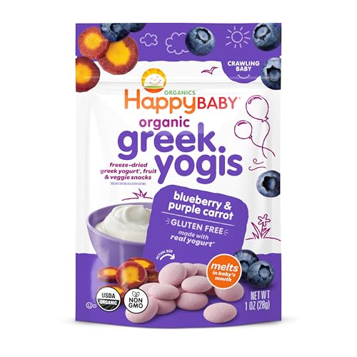 Happy Baby Organics Baby Snacks, Greek Yogis, Freeze Dried Yogurt &Veggie Fruit Snacks, Gluten Free Snack for Babies 9+ Months, Blueberry & Purple Carrot, 1 Ounce