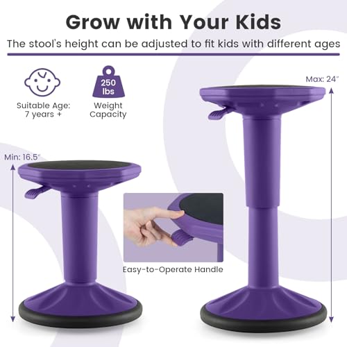 Image of GLACER Wobble Stool, Height Adjustable 16.5-24 inch Flexible Seating (Purple) | Wobble Chair with 360 Rocking, Non-Slip Base, Convenient Handle, No Assembly, Active Seating for Classroom, Home, Office