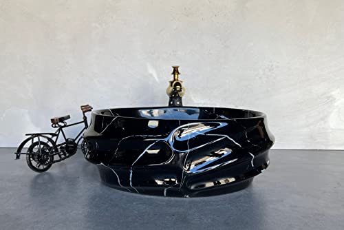 Image of Designer Glossy Finish Ceramic Art Table Top Wash Basin For Bathroom | Collapsible Countertop Washbasin (Black White Glossy Art, 16 x 13 x 6 Inch)