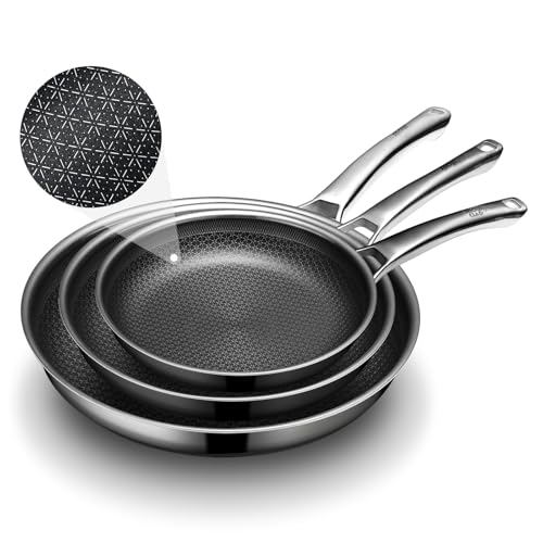 Image of Non Stick Frying Pans Set,Hybrid Pan Set(8+10+12inch) Frying Pans Nonstick for cooking,PFOA Free Induction Cookware Sets,non stick Stainless Steel Skillets,Dishwasher and Oven Safe Kitchen set