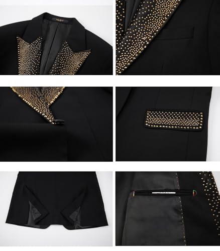 Mens Luxury 3 Pieces Suit Slim Fit Peaked Lapel with Gold Rhinestone Blazer Vest Pants Set for Prom,Party,Dinner3