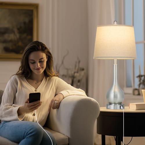 luxeflow 26" Silver Table Lamp for Bedroom, Touch Control Bedside Lamp for Nightstand with Charging Port, 3-Way Dimmable End Table Lamp for Living Room (1 Pack) - image 3