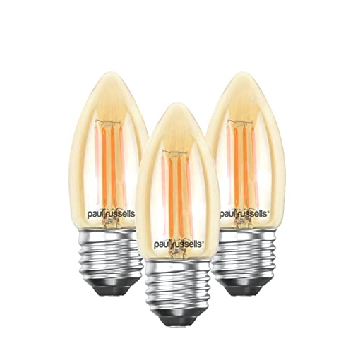 paul russells LED Filament Candle Light Edison Screw Fitting E27, 35w Equivalent C35 Bulb, 4W 410LM LED 2200K Amber Chandelier Ceiling Fitting Energy Saving Lightbulbs, Pack of 3