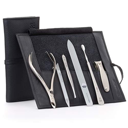 GERMANIKURE 6pc Manicure Set in Black Leather Case - FINOX Stainless Steel Tools Made in Germany, Glass Nail Care Supplies Made in Czech Republic – Professional Cuticle and Nail Care Kit