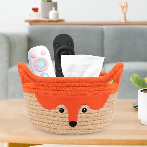 Image of Small Storage Basket, Cute Fox Animal Gift Basket for Nursery | Woven Rope Cotton Storage,Soft Baby Towel 0rganizer with Ears Handles, Caddy Blanket Towel Decor Storage Bin,8.2 inchD x 4.7 inchH in