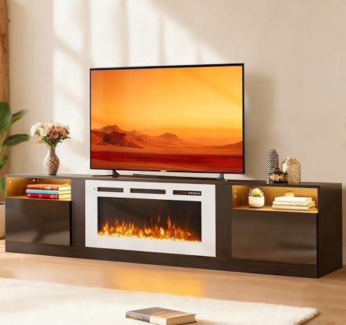 Image of MXV 80 inch Fireplace TV Stand for TVs Up to 90 inch, LED Light Entertainment Center with 36 inch Electric Fireplace, Modern Wood Texture TV Media Console with Highlight Storage Cabinet, Black-White