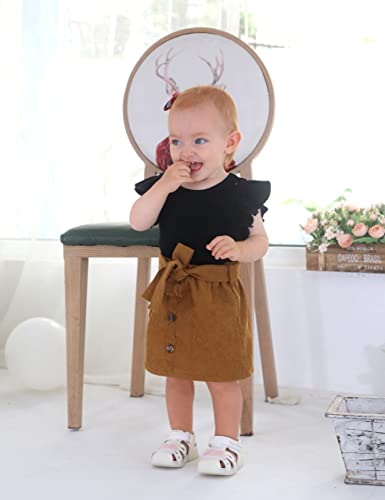 Pakglejg Toddler Baby Girl Skirt Outfit Ruffle Sleeveless Ribbed T-Shirt Tops A-Line Mini Skirt Set Infant Kids Summer Clothes 9M-4Y (Black+Brown, 9-12 Months) #TOP1
