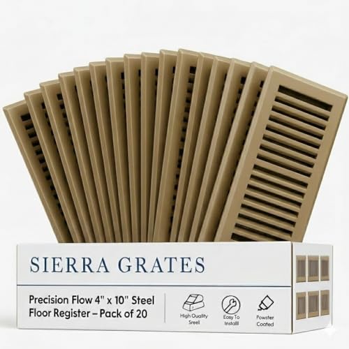 Image of 4 inch x 10 inch Brown Floor Register 2 Way - Stamped Face Steel Vent Cover, HVAC Floor Grille for AC Heat, Fits 4x10 Duct Opening, Heavy Duty Metal Register, 20 Pack