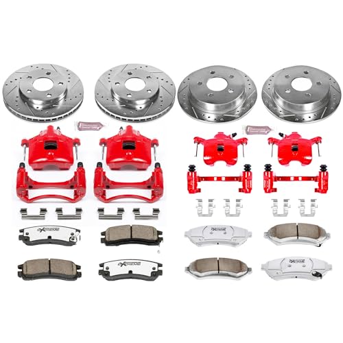 Image of PowerStop Front and Rear Brake Kit for Buick Century 2004-05 |Regal 1997-04 - Drilled & Slotted Disc Rotors + Carbon-Fiber Ceramic Brake Pads + Red-Powder Coated Calipers, KC2554-26