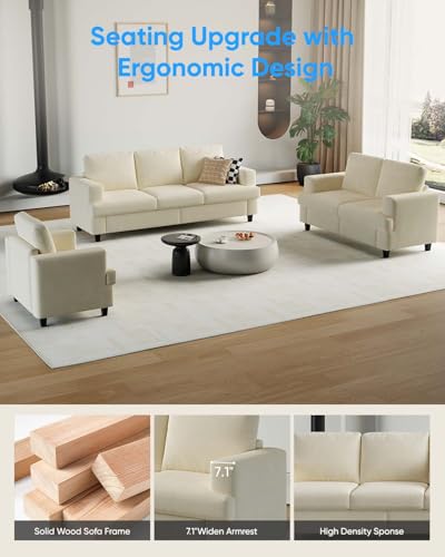 3 Piece Sofa Sets-3 Seater Sofa, Loveseat&Armchair,Chenille Fabric 3-Seat + 2-Seat Couch+ Single Accent Chair Furniture Sets for Living Room(3+2+1 Sofa Sets,Beige - Image 4