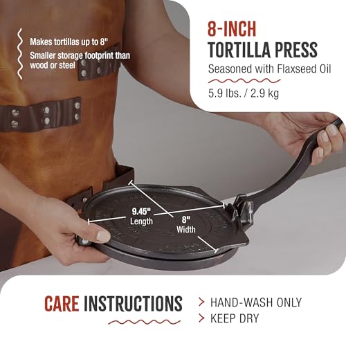Image of Victoria 8-Inch Pre-Seasoned Cast Iron Tortilla Press | Heavy Duty Tortilla Maker for Tortillas, Rotis, Chapatis, Quesadillas | Commercial Grade Dough Press