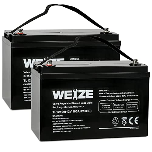 Weize 12V 100Ah AGM SLA DEEP Cycle VRLA Battery 12V 24V 48V, Rechargeable for Solar Wind RV Marine Camping UPS Wheelchair Trolling Motor, Maintenance Free, Set of 2