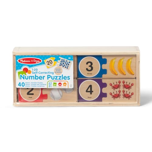 Image of Melissa & Doug Self-Correcting Number Puzzles (Developmental Toys, Wooden Storage Box, Matching & Counting Skill Development, 40 Pieces, 12.75 inch H x 5.75 inch W x 2.75 inch L)