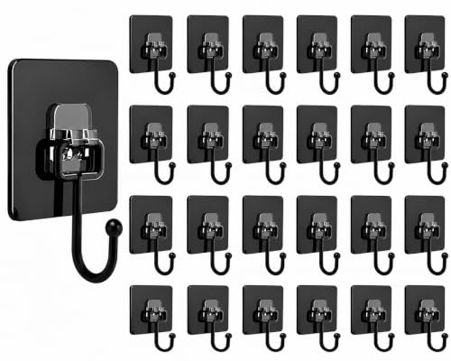 Image of CERLINK Black Large Adhesive Hooks for Wall Heavy Duty Waterproof Wall Hooks for Hanger Hooks, Stainless Steel Towel and Coats Wall Hook to Use Inside Kitchen, Bathroom, Home and Office Pack 25