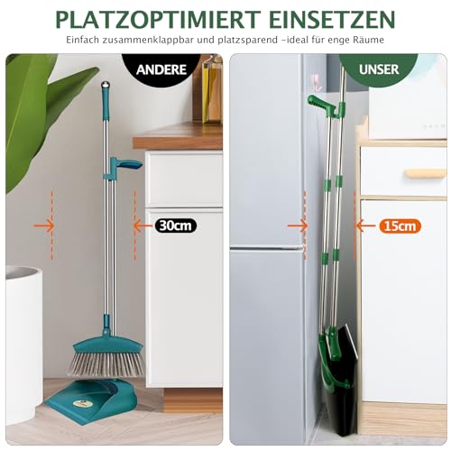XXFLOWER Besen und Kehrschaufel Set mit langem Stiel,Kehrbesen mit Schaufel,Kehrset mit Ausziehbarem Stiel,Kehrblech Broom and Dustpan Set für Haushaltsreinigung Büro (Schwarz Grün)