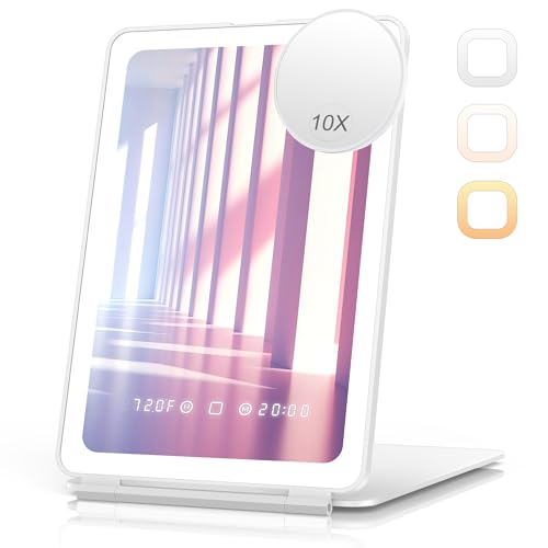 Zemmys Travel Makeup Mirror with 10X Magnifying Mirror, Time & Temperature Display, 2000mAh Rechargeable Battery, 7.5