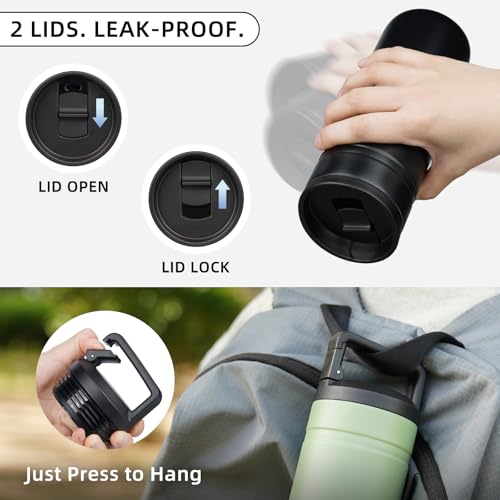 Image of BJPKPK 20 oz Insulated Travel Water Bottle, Coffee Tumbler Stainless Steel | Double Wall Vacuum, Leakproof, Thermal, Keeps Hot /Cold, BPA Free, Dishwasher Safe, Spill Proof, Wide Mouth, 2 Lids, Black