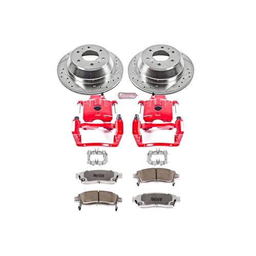 Image of PowerStop Rear Brake Kit for Buick Rainier 2004-07 |Chevrolet SSR 2003-06 - Drilled & Slotted Disc Rotors + Carbon-Fiber Ceramic Brake Pads + Red-Powder Coated Calipers, KC2050-26