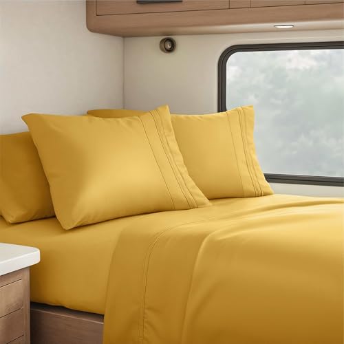 Image of Nestl Camel Gold Short Queen Sheets for RV, Hotel Luxury RV Queen Sheets Set, 4 Piece Fitted Bed Sheet Set and Pillowcases, Super Soft, Wrinkle-Free, and Breathable Camper Bedding