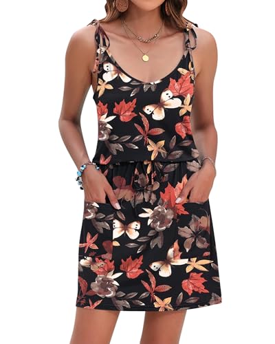 Image of AUSELILY Womens Summer Dresses Sleeveless Spaghetti Strap Beach Cover up Drawstring Waist Mini Short Dress with Pockets