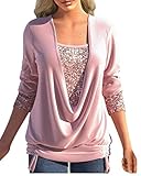 Minetom Damen Weihnachten Bluse Hemd Elegant Pailletten Tunika Casual Langarm T-Shirt Druck Shirts Blumen Oberteil Tops D Rosa XL