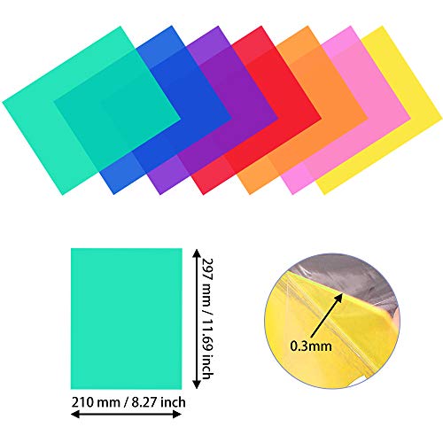 DECARETA 14 Pezzi Filtri Colorati Trasparenti A4 Gelatine Fotografiche Sovrapponibili Filtri Colorati per Faretti Led 7 Colori Filtri per Correzione Colore Gelatine per Rivestire i Libri 29,7 * 21 cm