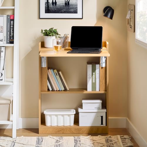 Miniatura 9 de Sobuy Mesa Escritorio Mesa Gaming Plegable Para Ordenador Escritorio Pequeño Con Estantes De Almacenamiento Standing Desk Con Almacenaje Natural 64x58x82cm Fwt92-N