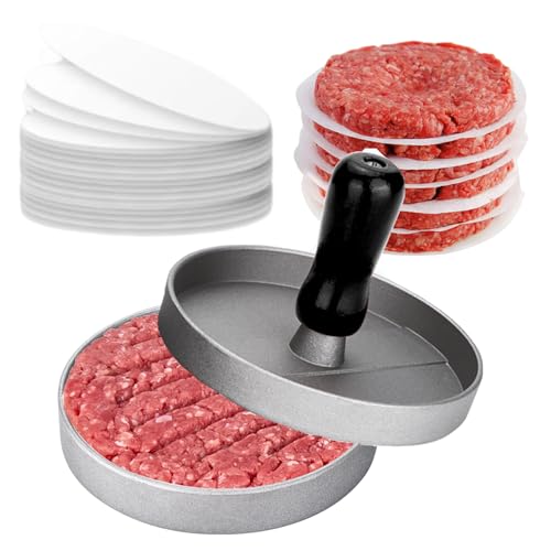 LAKEDO Burger-Pressmaschine mit 【100 Wachsscheibenpapier】 – Antihaft-Aluminium-Hamburger-Patty-Maker – Burgerpresse Set für die Herstellung von Burger-Patty