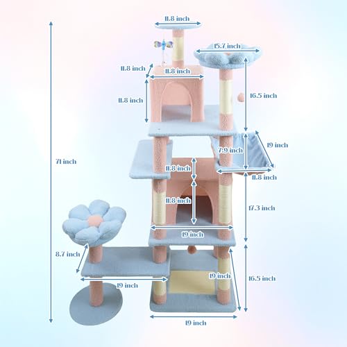 Montary Torre para Gatos de 71 Pulgadas Multi-Nivel Azul y Rosa miniatura 2