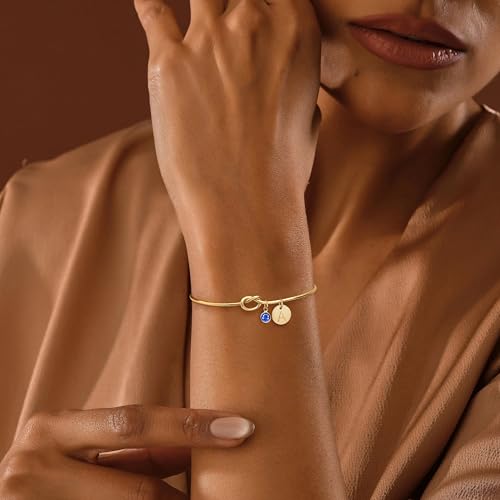 Initial Birthstone Gold Bracelets for Women Trendy 14K Gold Plated Letter A-Z Initial Charm Bracelet Tie the Love Knot Adjustable Cuff Bangle Birthstone Bracelets Birthday Bridesmaid Proposal Gifts2