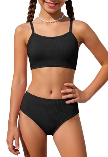 Zando Ribbed Black 2 Piece Swimsuits for Teen Girls Kids