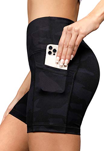 Yogalicious Womens High Waist Running Biker Shorts with Side Pockets - Navy Camo 5