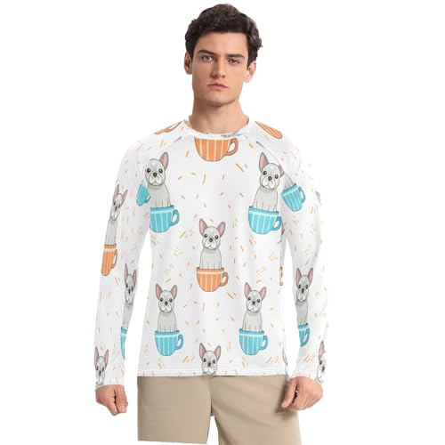Bulletgxll Cartoon French Dogs Men's Sun Protection Shirts UPF 50+ Long Sleeve UV Rash Guard Quick Dry Swim Shirts