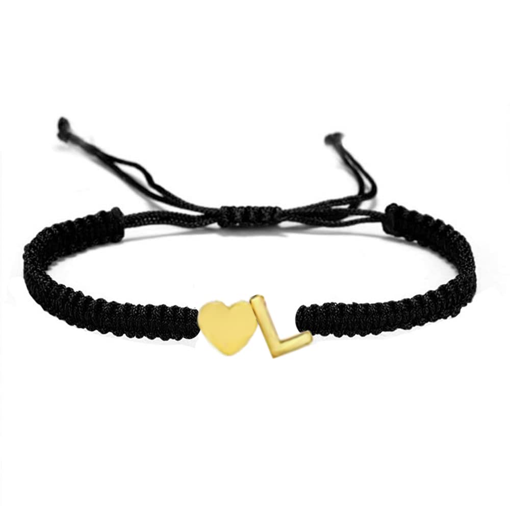 kelistom Initial Heart Bracelet, 18K Gold Plated Stainless Steel Tiny Heart Letter Black String Name Bracelets for Women Men Handmade Minimalist