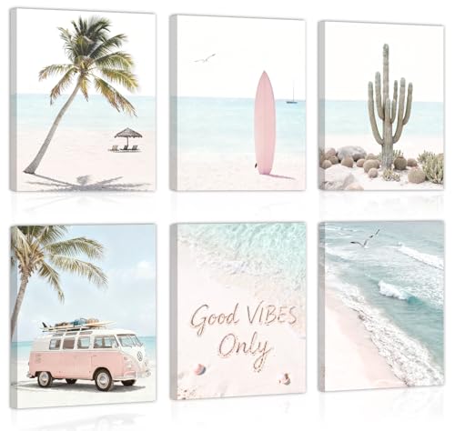 Image of CHDITB Beach Framed Canvas Wall Art, Coastal Palm Tree Artwork, Tropical Ocean Wall Decor, Boho Surfboard Poster, Pink Aesthetic Summer wave Art Prints For Living Room Seaside Cottage Decor 8 inchX10 inchx6