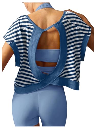 Milumia Women's Striped Open Back Workout Crop Tops Backless Short Sleeve Athletic T Shirts Gym Yoga Tee