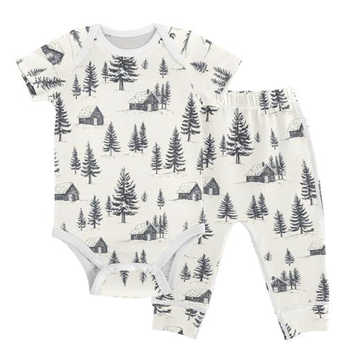 vvfelixl Forest Cabin Baby Bodysuits Set,Baby Layette Sets Unisex Short Sleeve Babys Pants Sets 6-9M