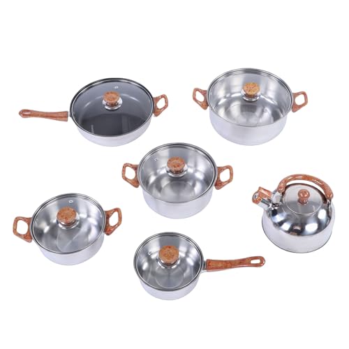 Fdit Juego de Ollas de Acero Inoxidable con Tapas, Juego de Utensilios de Cocina de 6 Piezas que Incluye Ollas para Sopa, Sartén, Cacerola y Hervidor, Mangos de Madera para Placa de