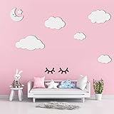 Lieferumfang: Wolken Wanddeko Größe S | 1X (30x14 cm) , 1X (24x14 cm) , 1X (17x11 cm) , 2X (9x6 cm) , Mond und Stern 1X(15x15 cm) | und Ihren Wunschtext bzw. Wunschname . Alle Teile sind 4 mm Dick/stark und werden mit Klebepunkten versetzt.