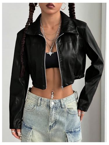 Verdusa Women's Motorcycle Zip Up Leather Jacket Streetwear Lightweight Long Sleeve Cropped Outerwear3